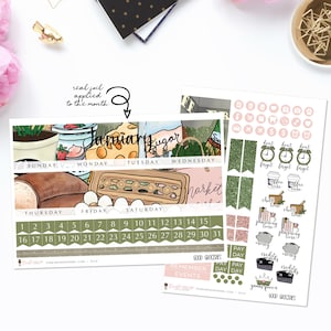 May include: Planner stickers with a grocery theme. The stickers include a calendar, decorative elements, and functional icons. The main sticker sheet has a grocery market illustration with the text "January" and "Sugar". The stickers are designed for use in a planner.