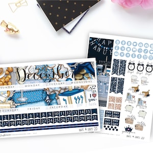 May include: A set of planner stickers featuring a blue and gold Hanukkah theme. The stickers include a calendar for December, a menorah, dreidels, latkes, and other Hanukkah symbols. There are also stickers with the words "Happy Hanukkah" and "Don't forget".