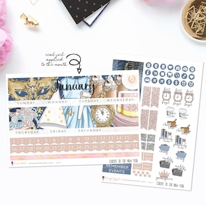 May include: A planner sticker sheet set with a January theme. The stickers feature a navy blue and gold color scheme with illustrations of a masquerade mask, a dress, and a clock. There are also functional stickers.