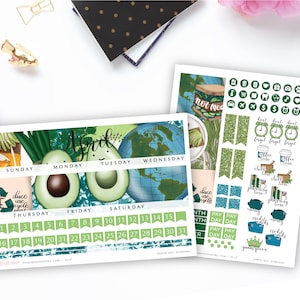 May include: A green and blue planner sticker set with avocado illustrations, a globe, and a calendar for April. The stickers include phrases like "duce use cycle", "pay day", and "chill time".