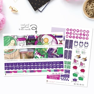 May include: A set of printable planner stickers with a purple, green, and pink color scheme. The stickers feature illustrations of food, fitness, and motivational quotes. The stickers are designed for use in a planner or journal.