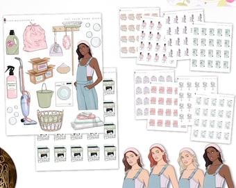 May include: A set of printable stickers featuring illustrations of cleaning supplies, a woman in overalls, and the text "Get Your Home Right". The stickers are designed for use in a planner or journal.