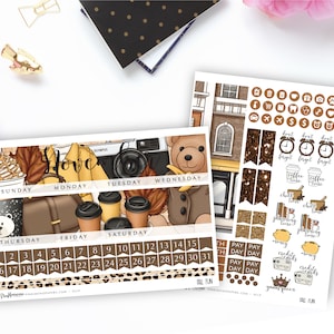 May include: A set of printable planner stickers featuring a brown, white, and gold color scheme. The stickers include a calendar grid, a teddy bear, coffee cups, and various other illustrations. The text "Love" is featured on the calendar grid.