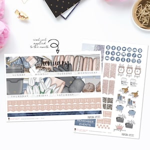 May include: A January calendar planner with a Parisian theme. The calendar features a blue and white color scheme with illustrations of macarons, tulips, and a Parisian street scene. The planner includes a section for remembering events and a section for Parisian kisses. The planner is decorated with real foil.
