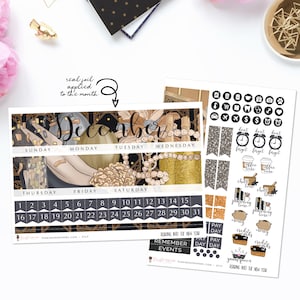May include: Planner stickers for December with gold foil accents. The stickers include a calendar, decorative elements, and functional icons. The text "December" is displayed prominently, along with the days of the week and the numbers 1-31.