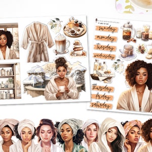 May include: A set of digital planner stickers featuring illustrations of women in bathrobes, a spa scene, and a hot tub. The stickers also include text for days of the week, "My Winter Spa-Scape", and other spa-related imagery.