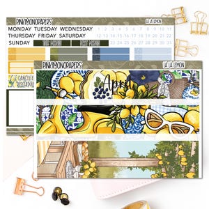May include: A set of planner stickers featuring a yellow scooter, lemons, and a picnic scene. The stickers are designed with a blue and white tiled pattern and have the word "April" written on them. The stickers are part of a collection called "La La Lemon" by Pinkimonopapers.
