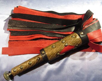 Black and Red Leather Flogger with Gold Vinyl Accent Handle, Handmade, Medium Swing Weight with Thuddy Feel- Mature