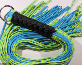 Vegan Neon Yellow/Blue Multi and Neon Blue Paracord Flogger with Black Hand wrapped Handle with Smooth Stingy Ends, Light Weight- Mature