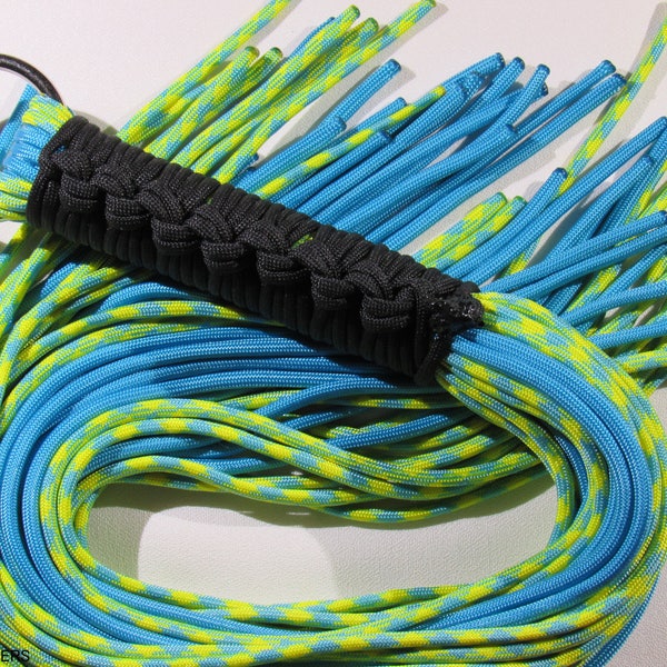 Vegan Neon Yellow/Blue Multi and Neon Blue Paracord Flogger with Black Hand wrapped Handle with Smooth Stingy Ends, Light Weight- Mature