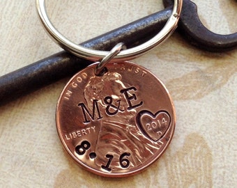 Personalized 1 Year Anniversary Key Chain/ Hand Stamped Penny/ 2021 Couple Gift/ Wedding /1st Anniversary/ Gift for Her Gift For Him