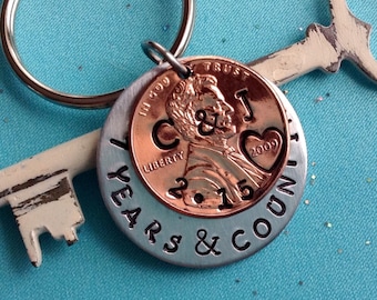 Personalized 7 Year Anniversary Keychain/ Hand Stamped Penny/ 2017 Couple Gift/ Wedding /7th Anniversary/ Gift for Her Gift For Him