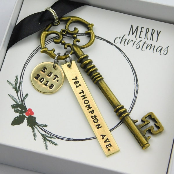 Personalized New Home Ornament/Key Ornament / First Home Skeleton Key /Realtor Gift/ Stamped Address Tag/ Housewarming Gift / Christmas