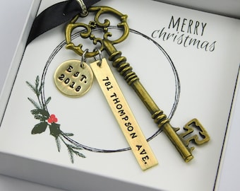 Personalized New Home Ornament/Key Ornament / First Home Skeleton Key /Realtor Gift/ Stamped Address Tag/ Housewarming Gift / Christmas