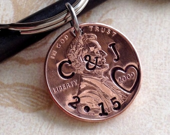 Personalized 7 Year Anniversary Keychain/ Hand Stamped Penny/ 2017 Couple Gift/ Wedding / 7 th Anniversary/ Gift for Her Gift For Him