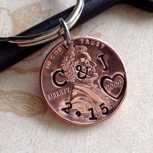 Personalized Penny Keychain, Anniversary Gift,  Gift for Him Her,  Husband Keychain, Wife Keychain, Couples Keychain, Boyfriend, Girlfriend