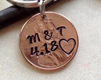 Personalized 1 Year Anniversary Keychain/ 2024 Hand Stamped Penny/ Personalized Couple Gift/ Wedding /1st Anniversary/ Gift for Her For Him