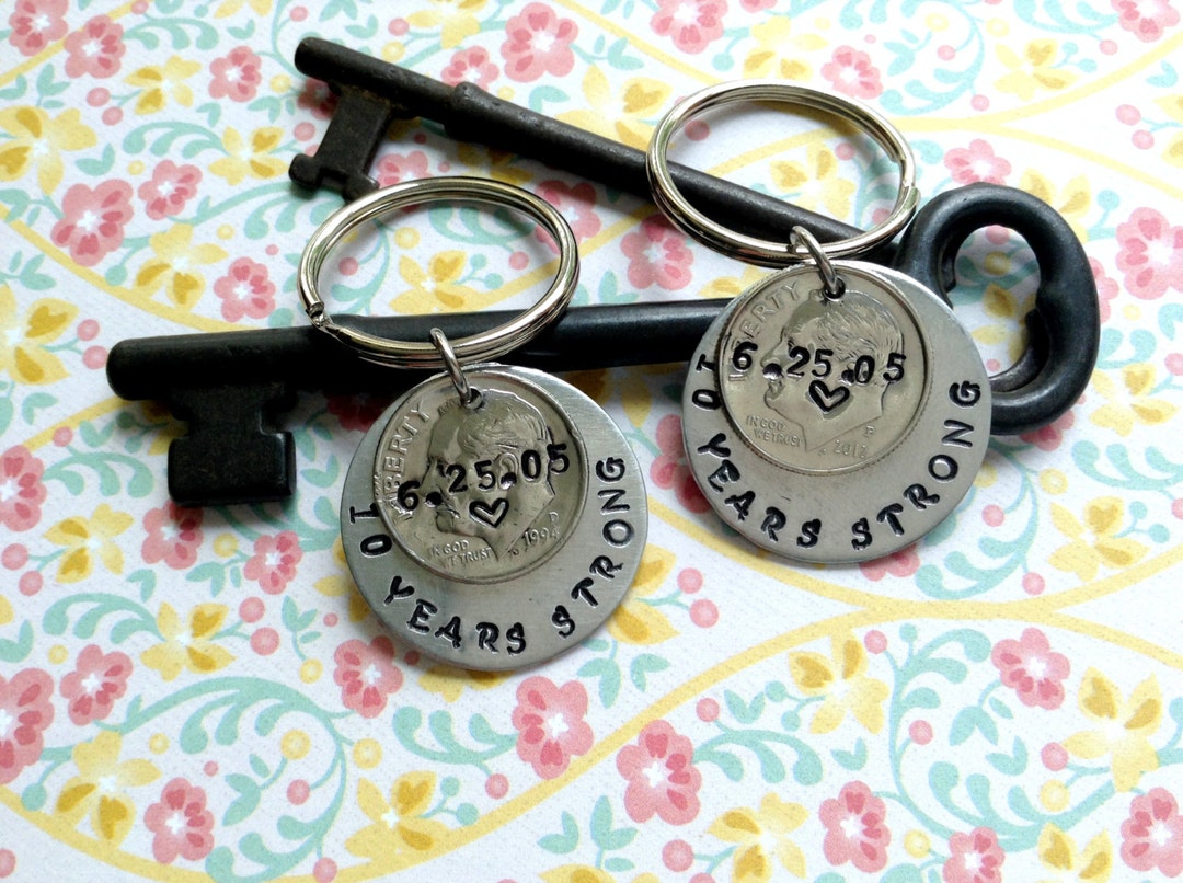 10 Year Anniversary Keychain/his and Hers Hand Stamped Dime / 2014