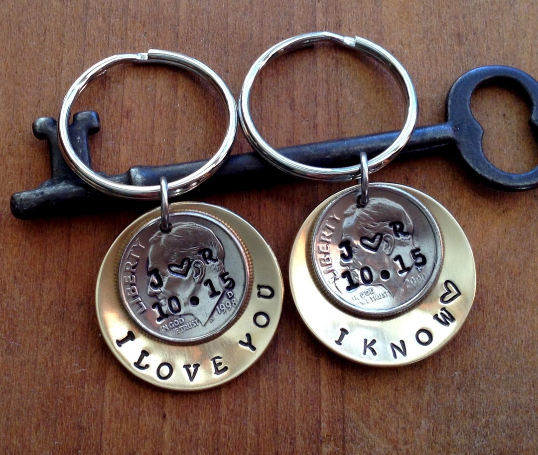 10 Year Anniversarykeychain /his and Hers Keychain Hand Stamped Dime