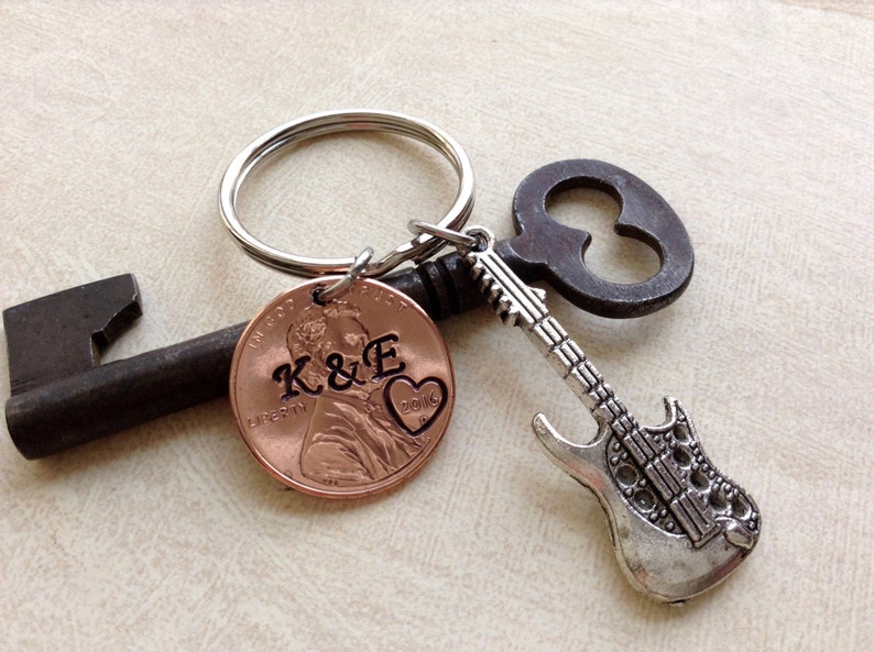 Guitar Keychain Penny Keychain Together We Rock Anniversary Key Chain Stamped Penny Couple Gift Anniversary Gift for Her Gift For Him