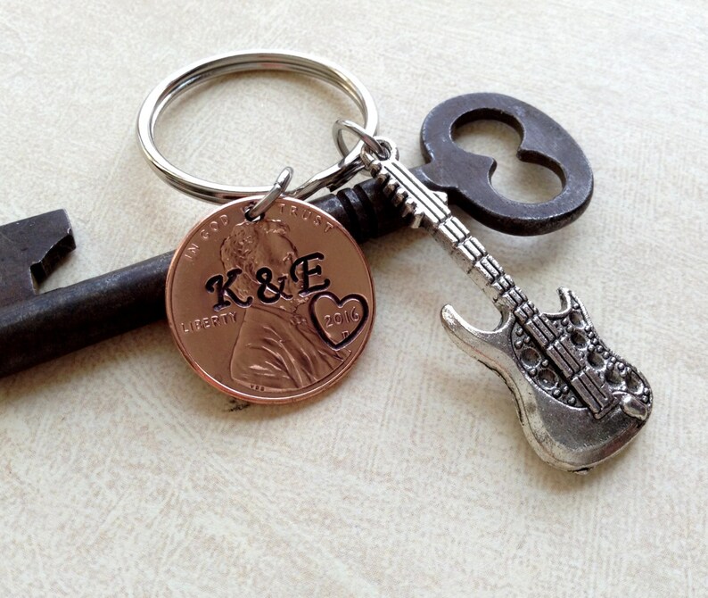 Guitar Keychain Penny Keychain Together We Rock Anniversary Key Chain Stamped Penny Couple Gift Anniversary Gift for Her Gift For Him