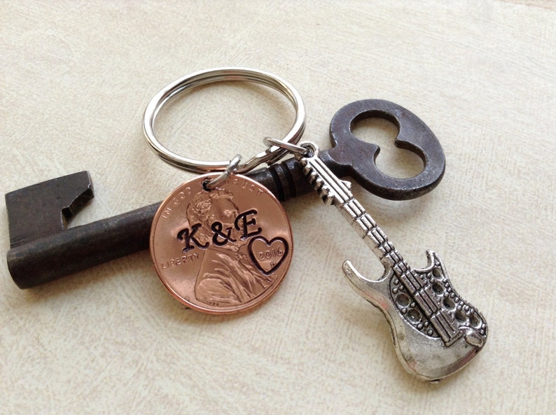 Guitar Keychain Penny Keychain Together We Rock Anniversary Key Chain Stamped Penny Couple Gift Anniversary Gift for Her Gift For Him