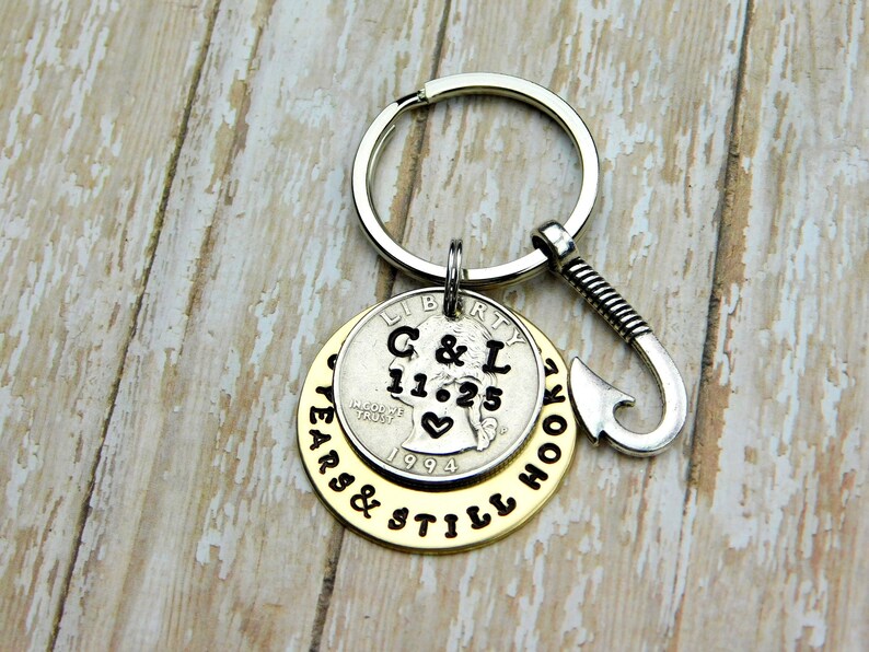 Couples Hooked On You 25 Year Anniversary Keychain Personalized 25 Year Anniversary Gift Gift For Him Hand Stamped Gift for Her