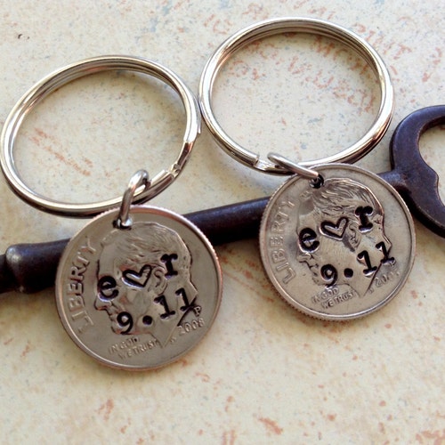 10 Year Anniversary Custom Hand Stamped Dime Keychain Etsy