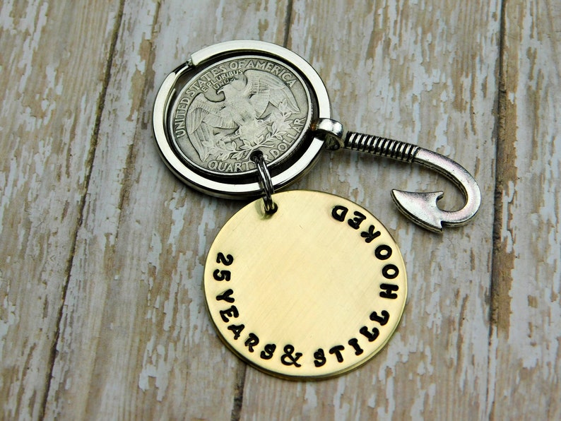 Couples Hooked On You 25 Year Anniversary Keychain Personalized 25 Year Anniversary Gift Gift For Him Hand Stamped Gift for Her