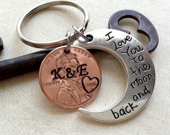 I love You To The Moon keychain Couple/ Anniversary Keychain / Gift for Her/ Gift for Him/ Stamped Penny/ Lucky Penny/ Hand Stamped Penny