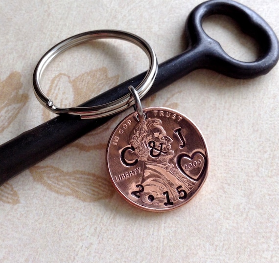 Personalized 7 Year Anniversary Keychain/ Hand Stamped Penny/ 2019 Couple Gift/ Wedding / 7 th Anniversary/ Gift for Her Gift For Him