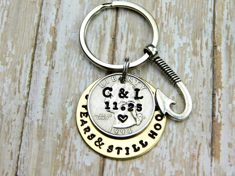 Couples Hooked On You 25 Year Anniversary Keychain Personalized 25 Year Anniversary Gift Gift For Him Hand Stamped Gift for Her