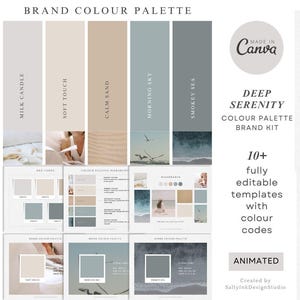 Puede incluir: Una paleta de colores digital con el título "Deep Serenity Color Palette Brand Kit" y el texto "Made in Canva". La paleta presenta cinco colores: milk candle, soft touch, calm sand, morning sky y smokey sea. Los colores se muestran en una cuadrícula con el nombre del color y el código hexadecimal debajo de cada muestra de color. La imagen también incluye un tablero de humor con una escena de playa y una mujer sentada en la arena.