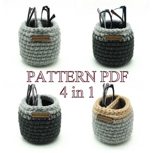 Puede incluir: Cuatro patrones de crochet para un portagafas. Cada patrón se muestra con una combinación de colores diferente. Los patrones están disponibles para descargar en PDF. El texto "PATTERN PDF 4 in 1" se muestra en el centro de la imagen.