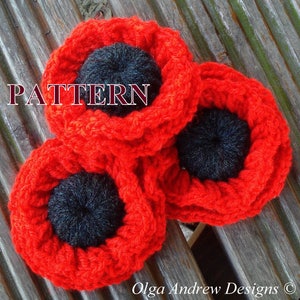 Poppy crochet pattern, crochet poppy flower pattern, poppy flower brooch crochet pattern, crochet poppy brooch pattern OlgaAndrewDesigns104