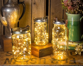 Vintage Jar Fairy Lights, Reclaimed Mason Jar Lantern, LED Copper String Lights, Portable Battery Powered