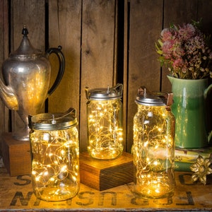 Vintage Jar Fairy Lights, Reclaimed Mason Jar Lantern, LED Copper String Lights, Portable Battery Powered