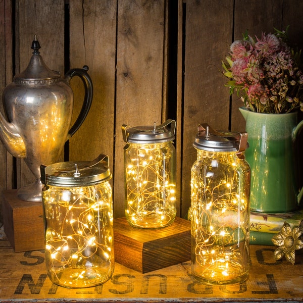 Vintage Jar Fairy Lights, Reclaimed Mason Jar Lantern, LED Copper String Lights, Portable Battery Powered