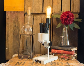 Industrial Stereo Microscope Lamp, Reclaimed Science Laboratory Lighting, Unique Upcycled Light with Vintage Edison LED Bulb