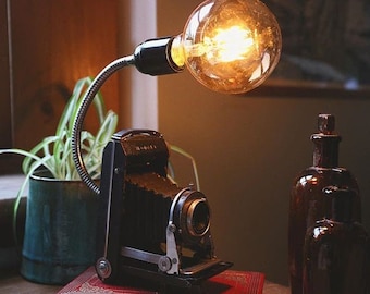 Antique Folding Camera Lamp, Art Deco Upcycled Kodak Brownie, Industrial Lighting