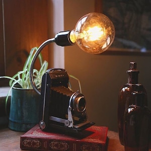 Antique Folding Camera Lamp, Art Deco Upcycled Kodak Brownie, Industrial Lighting