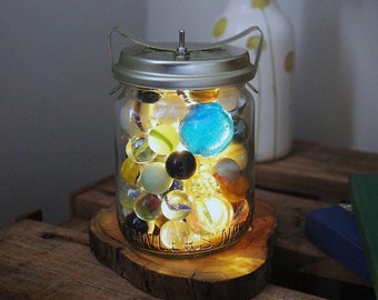 Vintage Marbles Jar Lamp, Reclaimed Mason Jar Lantern, LED Copper String Fairy Lights, Portable Battery Powered