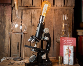 Industrial Microscope Lamp, Reclaimed Science Laboratory Lighting, Unique Upcycled Light with Vintage Edison LED Bulb