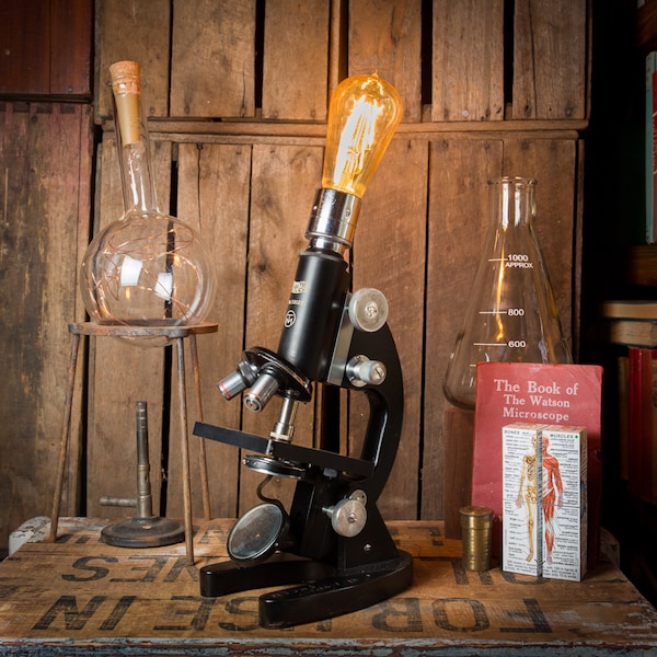 Industrial Microscope Lamp, Reclaimed Science Laboratory Lighting, Unique Upcycled Light with Vintage Edison LED Bulb