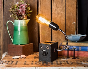 Vintage Kodak Box Brownie Camera Lamp, 1950s Industrial Lighting, LED Edison Bulb