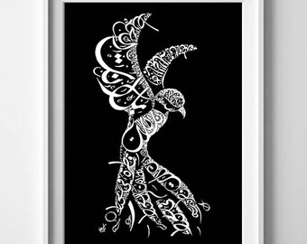 Arabic Calligraphy Print Rumi - Arabic Calligraphy Bird - Modern Arabic Wall Art - Rumi in Arabic