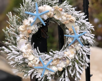 Natural Flocked Sea Shell Wreath, Nautical, Coastal, Tropical, Home/beach Decor, Holiday, Christmas Decor, Christmas gift