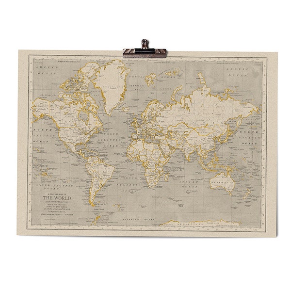 World Map in Old Gold art print