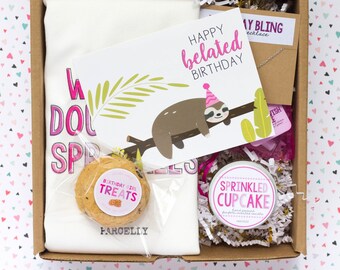 Belated Birthday Gift Box: Candle, Cotton Tote & Sloth Card, Treats