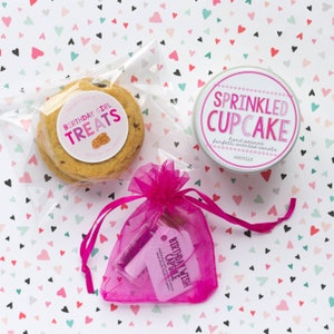 May include: A birthday gift set with a pink and white cupcake candle, a bag of chocolate chip cookies with a "Birthday Girl Treats" label, and a pink organza bag with a birthday wish capsule.